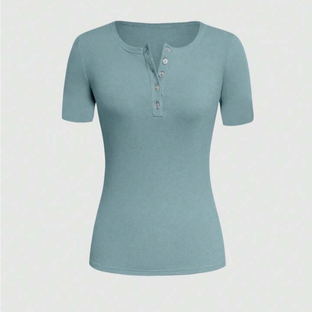 NWOT Ribbed Blue Button Down Short Sleeve Top | Size L (fits like M) | SHEIN